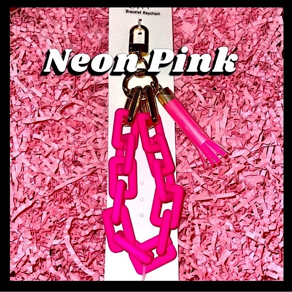 🆕🌿💗NEON PINK RECTANGLE Rubber Coated Keychain Wristlet